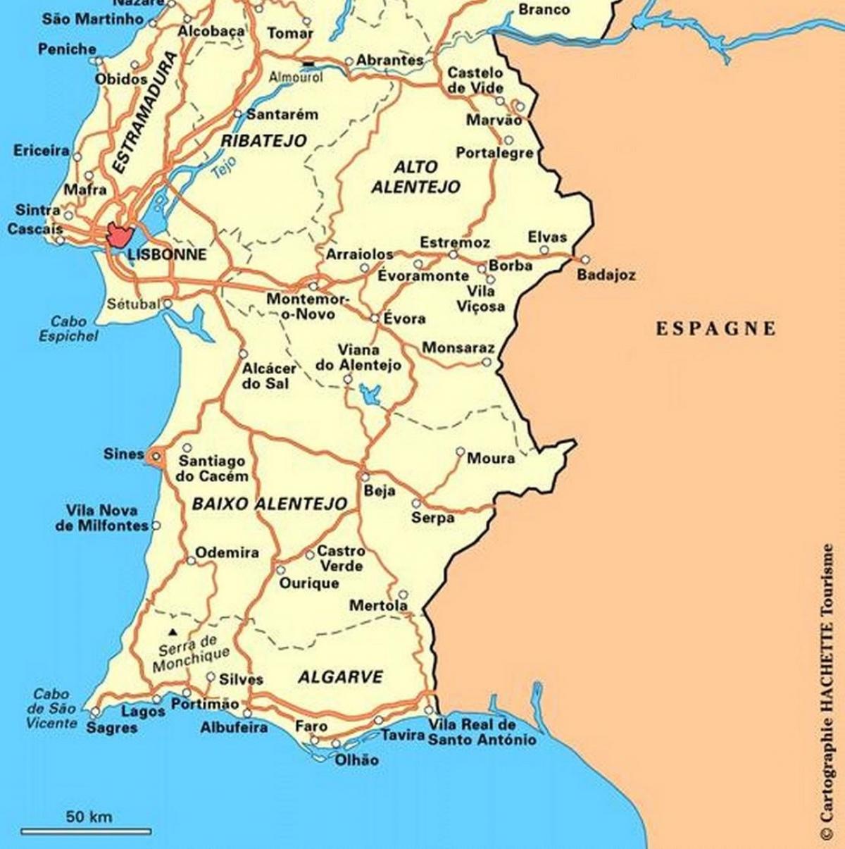 Mapa del sur de Portugal