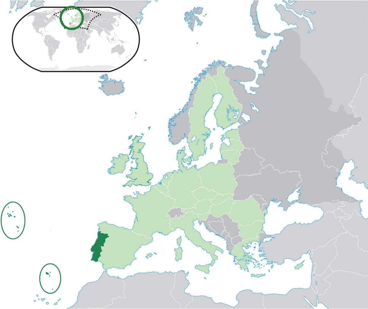 La ubicación de Portugal en el mapa de Europa