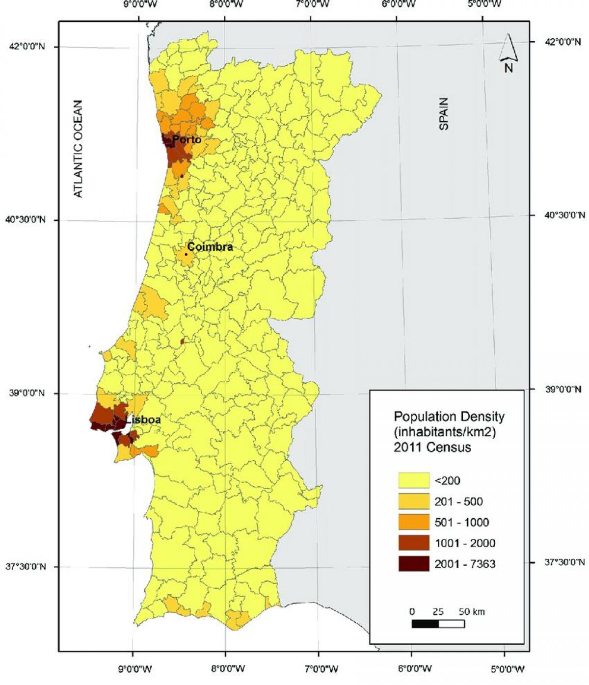 Mapa de densidad de Portugal